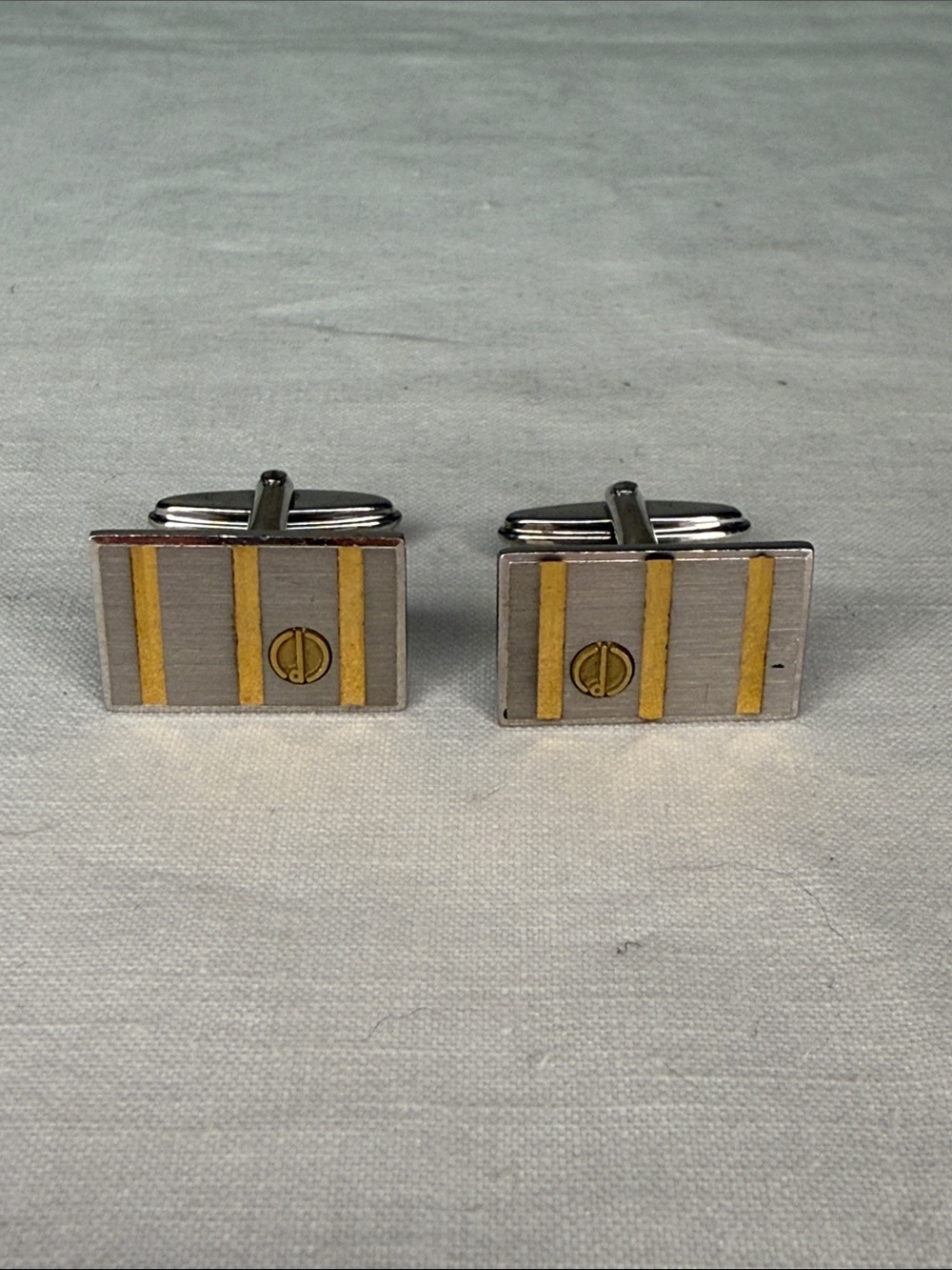 Vintage Dunhill Silver Gold Tone Striped Logo Cufflinks .75" Pair England
